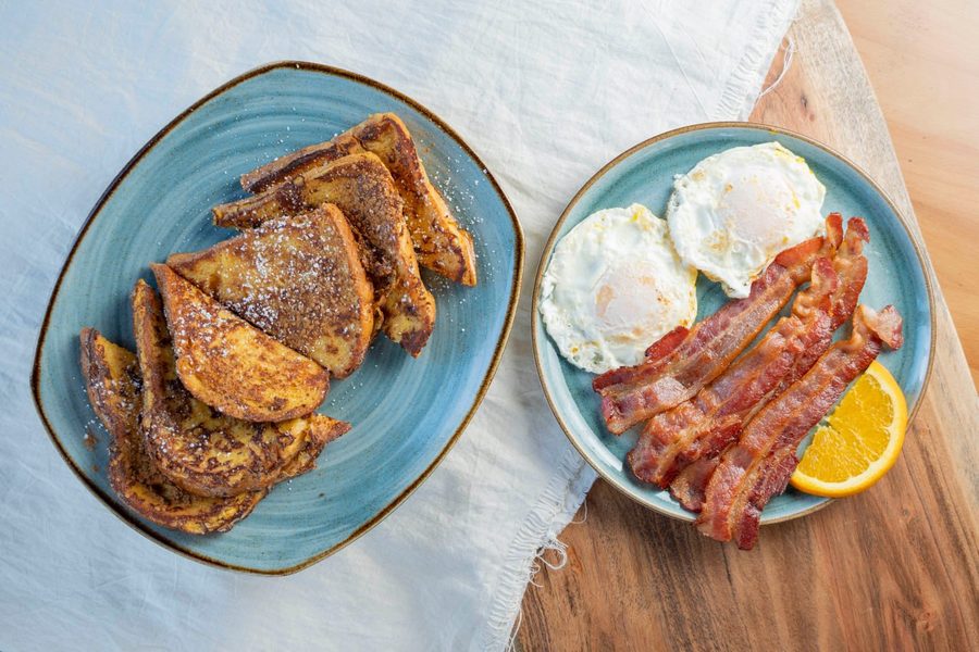 French toast with bacon and eggs at Bagel Bin Deli Revere