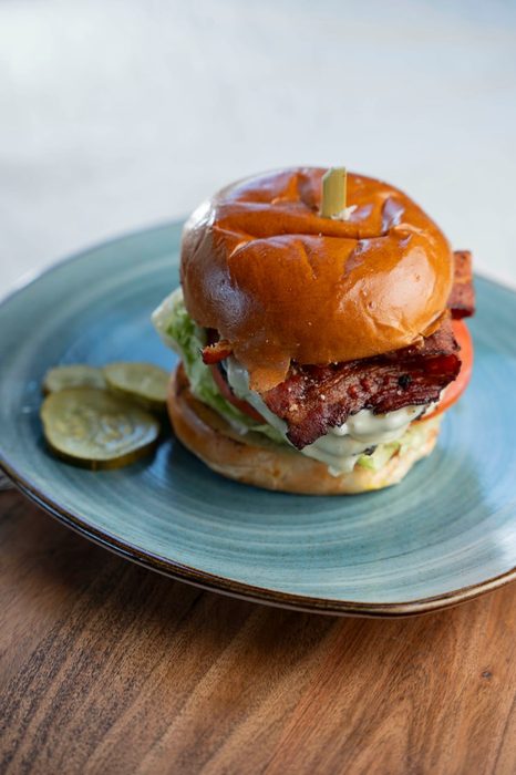 Bacon burger on brioche at Bagel Bin Deli Revere