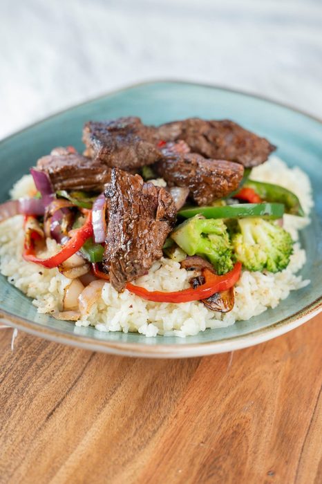 Steak tip rice bowl at Bagel Bin Deli Revere